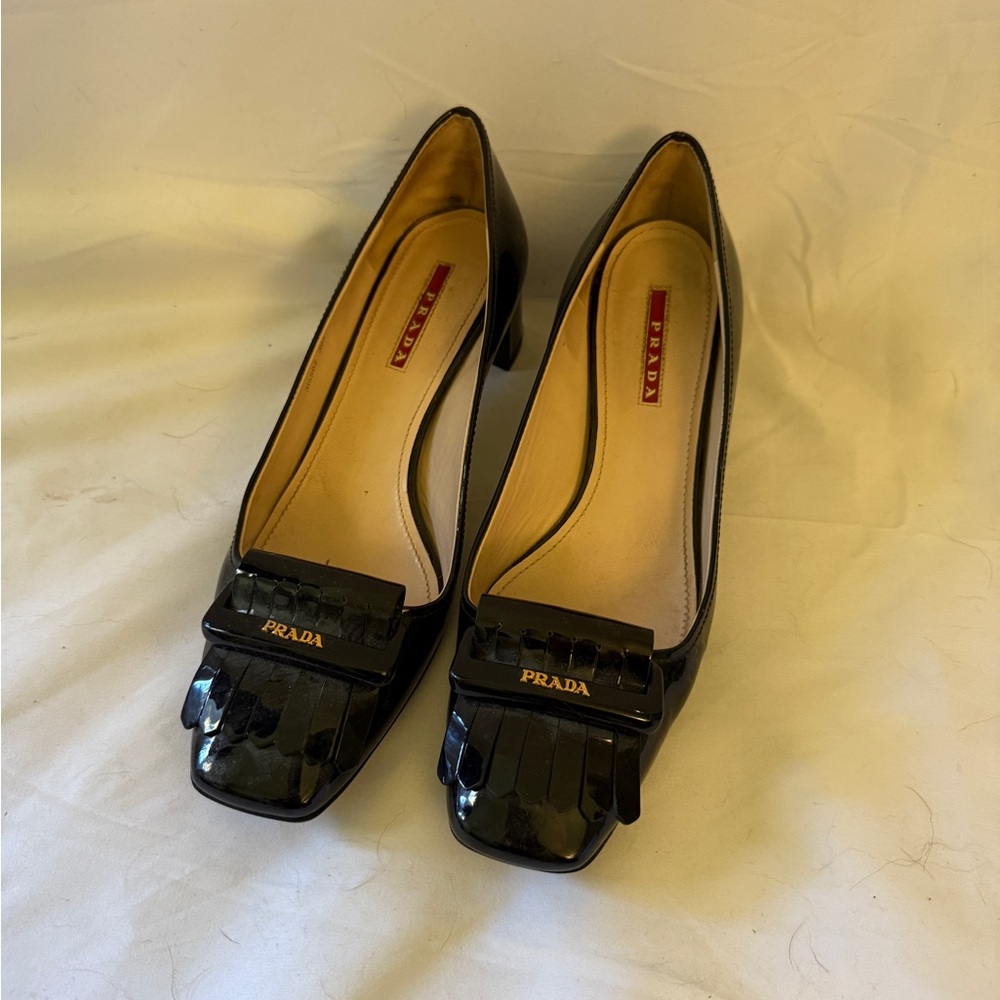 Prada Black Patent Leather Kiltie Pump